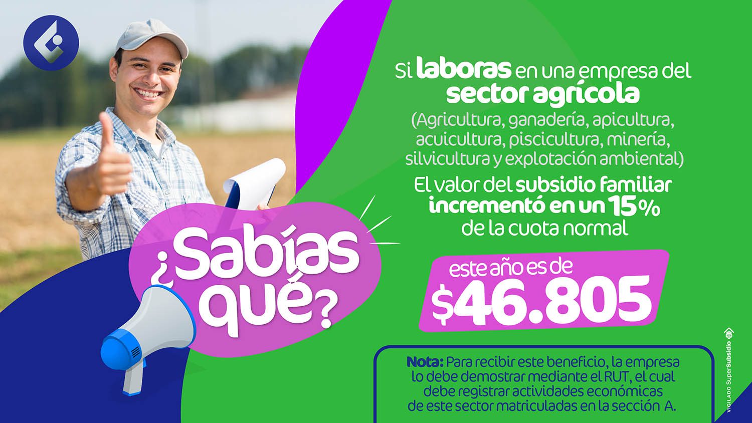 si laboras en una empresa del sector agrícola, el valor del subsidio incrementó en un 15% de la cuota normal